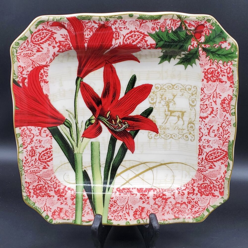 222 Fifth Holiday Decoupage Discontinued Square Appetizer Fine China Plate